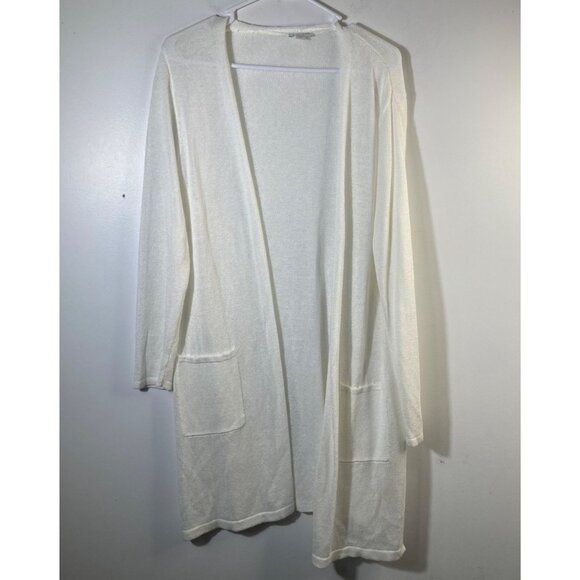 Womens J Jill Linen Blend Open Knit Cardigan 3/4 Sleeve Pockets L White - Picture 1 of 8